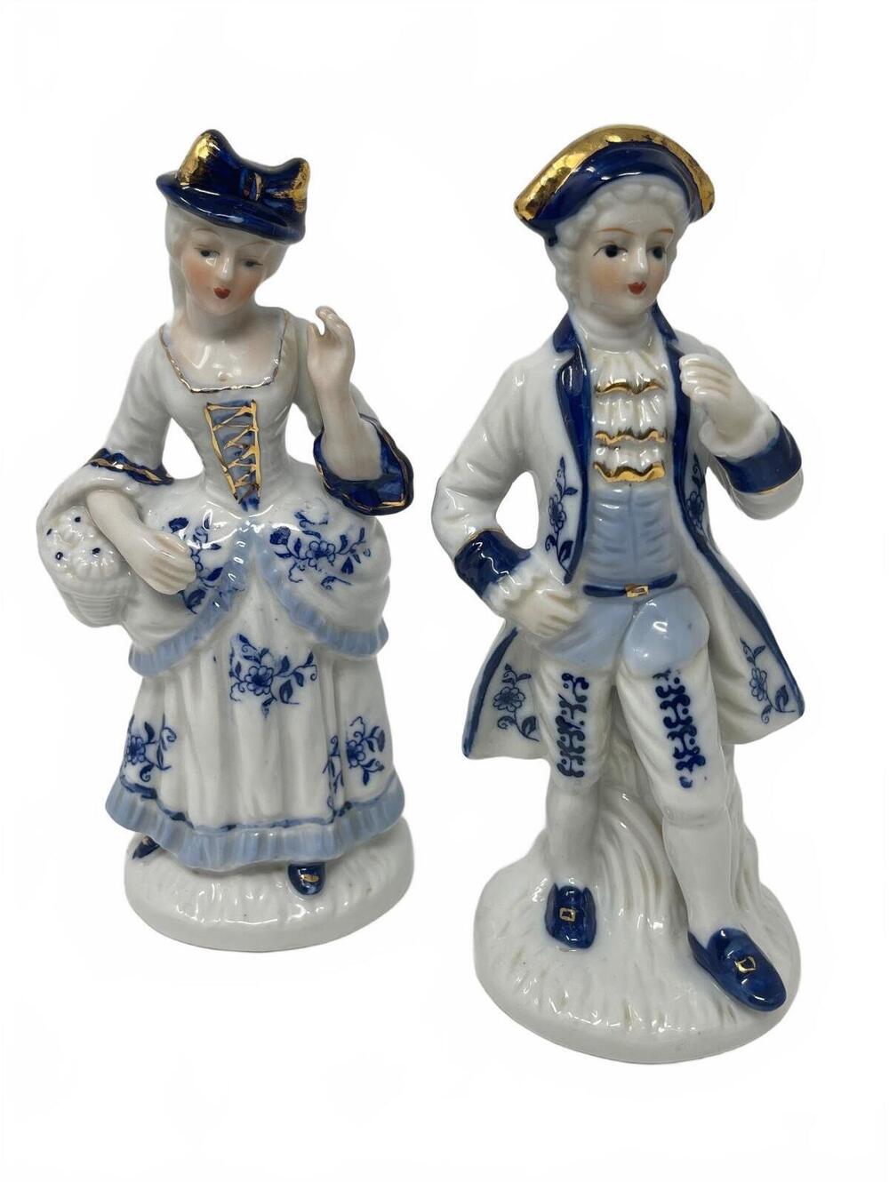 Vintage Cobalt Blue White Porcelain Courting Couple Figurines Set Gold Trim